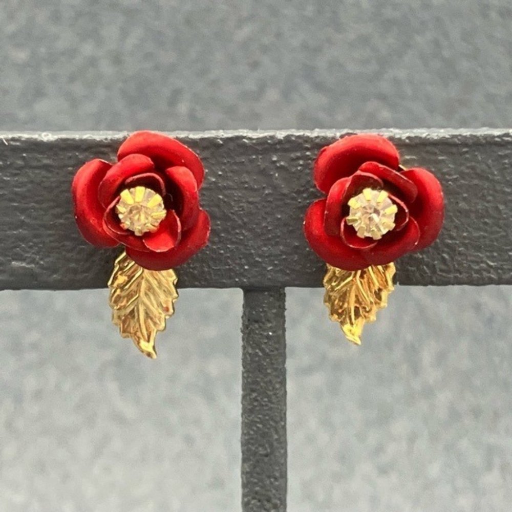 Clip On Earrings Red Rose Gold Leaf Rhinestone Center Flower Classic Granny